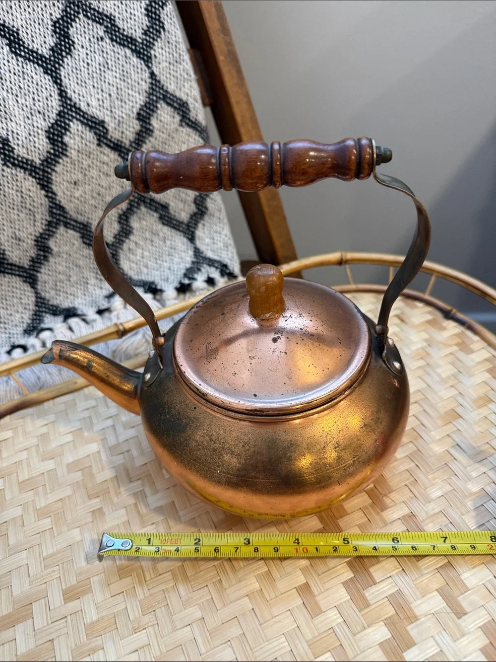 Vintage Copper Tea Kettle Wood Handle Small Decorative Stove Top Kitchen Decor